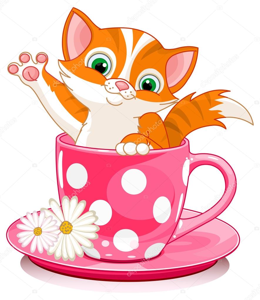 Domestic ginger kitten sits in tea cup.