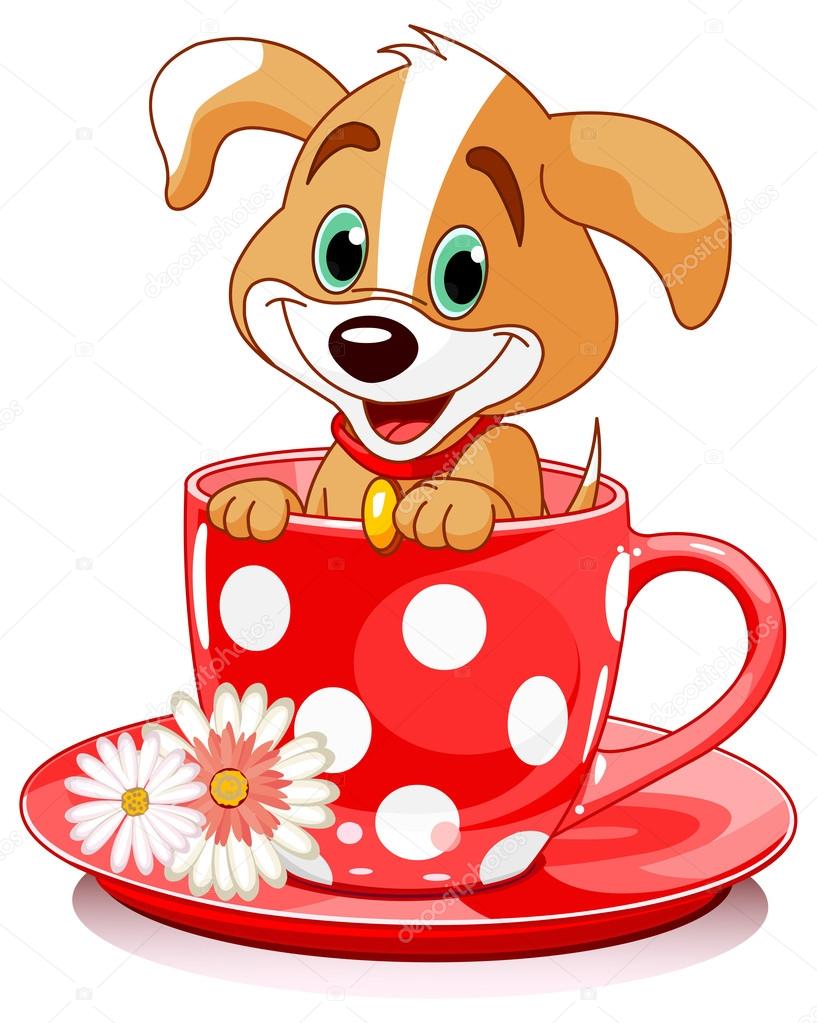 Domestic doggy sits in tea cup.