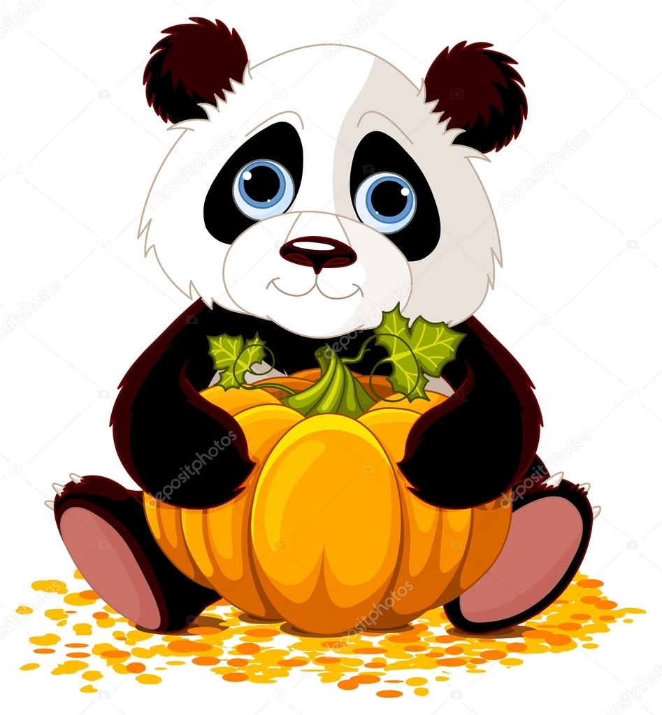 Panda holding pumpkin