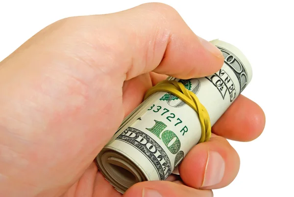 Roll of dollars in a man's hand, isolated. — Stock Photo, Image