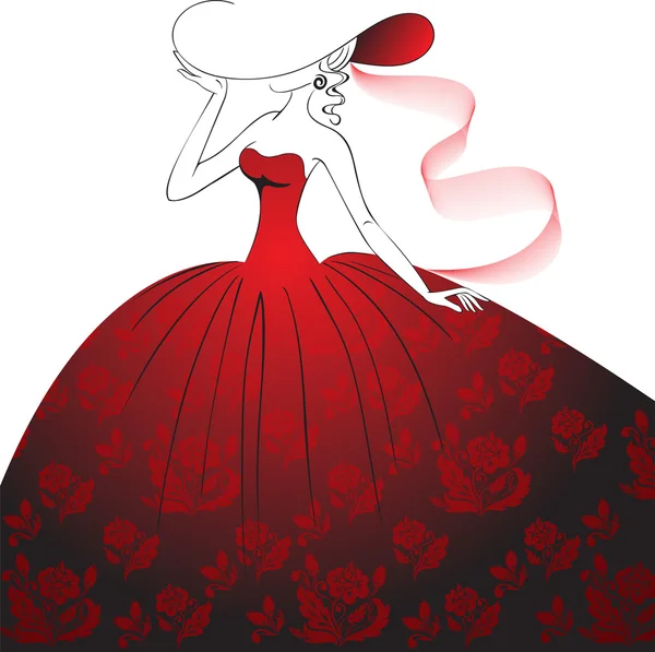 Dama en vestido rojo y sombrero — Vector de stock