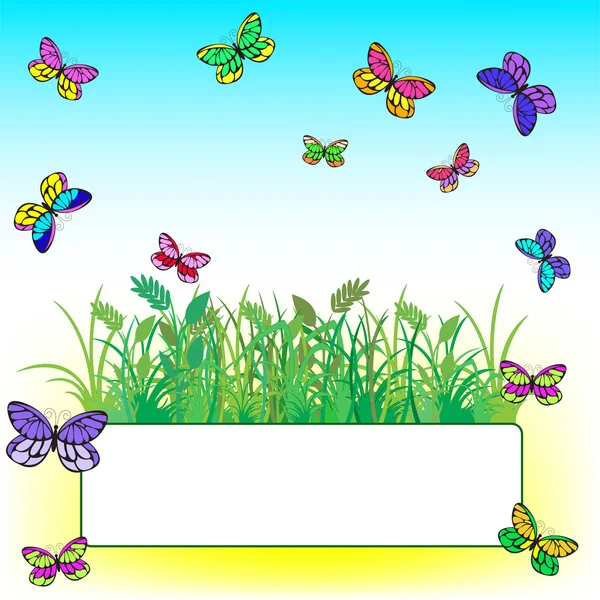 Tarjeta con hierba y mariposas — Vector de stock