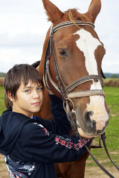 Young boy pets a horse — Stock Photo, Image