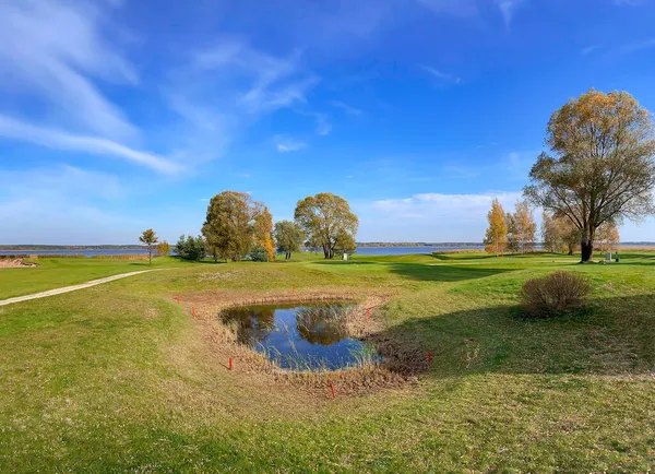 Sonnige Herbstlandschaft Mit Schöner Wiese Und Kleinem See Ufer Des — Stockfoto