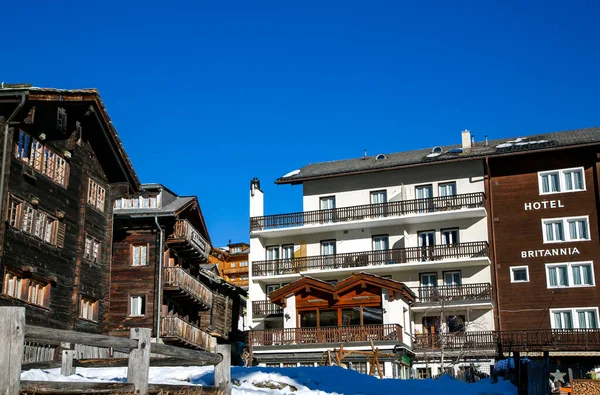 Switzerland Saas Fee December 2015 Modern Old Wooden Hotels Bright — Stock Photo, Image