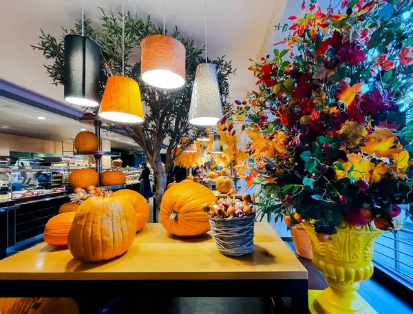 Latvia Riga October 2021 Interestingly Decorated Interior Autumnal Style Pumpkins — Stock Photo, Image