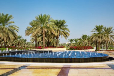 Birleşik Arap Emirlikleri 'nin başkenti Abu Dabi' de yeşil parkı ve çeşmeleri olan güzel bir meydan..