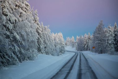 Kuzey Kutup Dairesi 'nde güneş doğarken Laponya, Finlandiya' da karla kaplı ağaçlarla görkemli kış manzarası görülür.