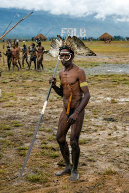 INDONESIA, PAPUA NEW GUINEA, WAMENA, İRYAN JAYA, AĞUSTOS 2019: Wamena, Yeni Gine 'deki Baliem Vadisi festivalinde bir papağanın portresi. Festivale genellikle yüzlerce yerli kabile katıldı..