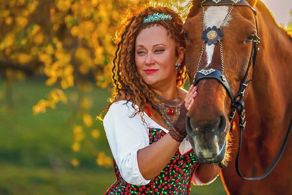 Close Portrait Pretty Woman Curly Next Big Brown Horse Autumn — Stock Photo, Image