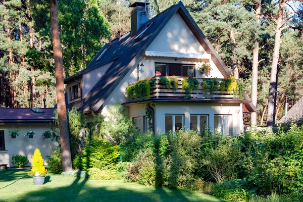 Sommarvitt Hus Med Veranda För Vila Tallskog Med Grön Gräsmatta — Stockfoto