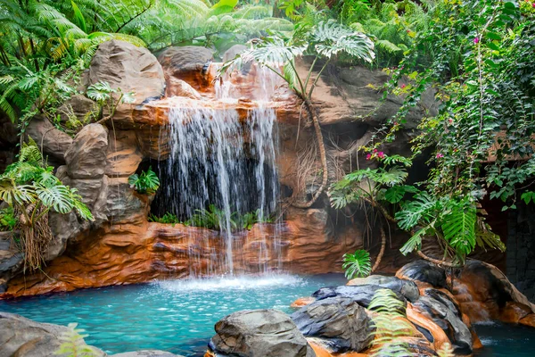 中美洲哥斯达黎加的一个小池 内有瀑布和热水 周围有一个热带花园 — 图库照片