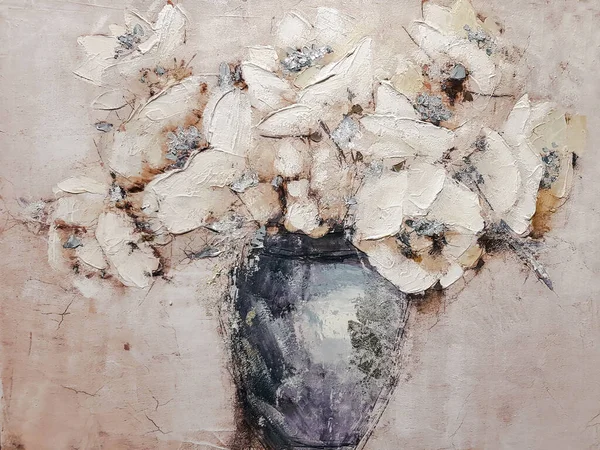 彩色花瓶中的一束夏野花的主题油画碎片 — 图库照片