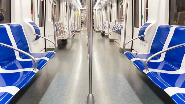 Subway Empty Car Design Plastic Blue Seats Barcelona Spain — Stock Photo, Image