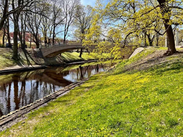 Kamienny Most Nad Kanałem Rzeki Ryga Parku Bastion Wczesną Wiosną — Zdjęcie stockowe