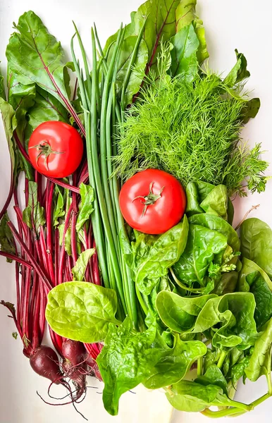 庭からの新鮮な製品 緑のディル トップ レタス トマトが閉じられた若いビート エコ野菜 食事のための健康食品を閉じる — ストック写真