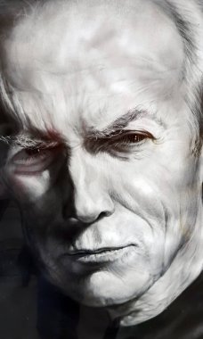 İSPAN, BARCELONA, MARCH, 2022: Clint Eastwood 'un yakın plan portresinin kağıdına basit bir gri kalem çizimi. Sanat eğitimi.
