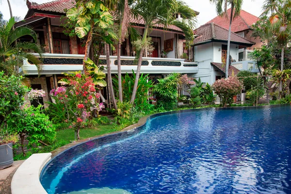 INDONEZYA, BALI, AĞUSTOS, 2019: Suma Hotel, Lovina, Bali Adası 'ndaki tropikal bitkiler arasında temiz suyla küçük bir havuz