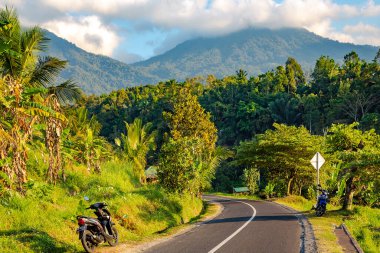 Jatiluwih Rice Terasları boyunca uzanan asfalt yol Bali 'nin Tabanan kentindeki Batukaru Dağı ve Agung Dağı' nın arka planına karşıdır. Endonezya