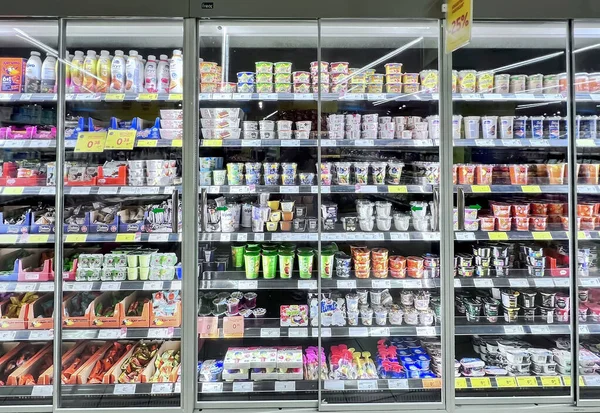 Latvia Riga July 2022 Refrigerators Delicious Healthy Dairy Products Shelves — Foto de Stock