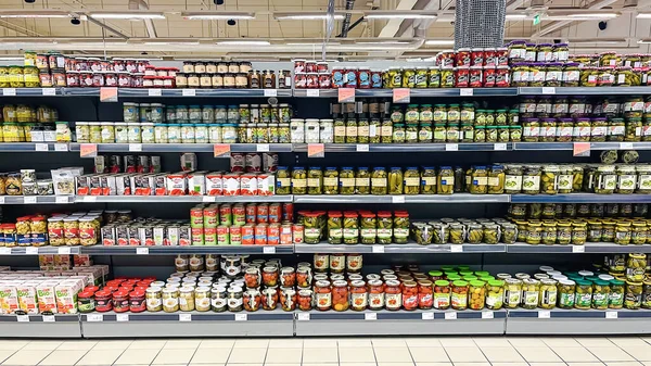 Latvia Riga July 2022 Various Canned Vegetables Shelves Grocery Store — стоковое фото