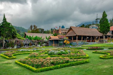 Beautiful decorative garden in Pura Ulun Danu Batur is a temple in Bali situated on lake Beratan high up in a crater of an extinct volcano in Bali, Indonesia