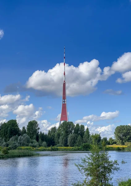 View Riga Radio Tower Banks Daugava River Riga Latvia Tallest — Stock Photo, Image