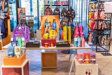LATVIA, RIGA, AUGUST, 2022: Goods for schoolchildren with discounts  for the academic year in the Stockmann shopping center in Riga, Latvia. Back to school essentials.