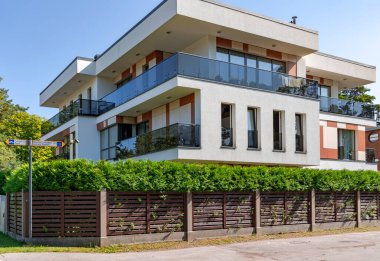 LATVIA, JURMALA, AUGUST, 2022: New modern architecture of private residence in the resort small town Bulduri, Jurmala. Latvia.