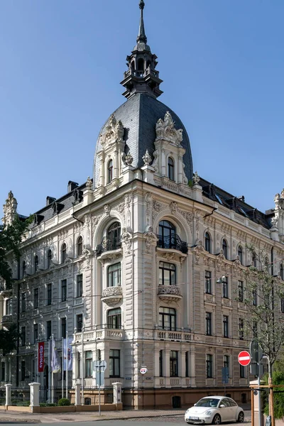 Riga Art Nouveau Jugendstil Bela Casa Com Meteorologia Torre Varandas — Fotografia de Stock