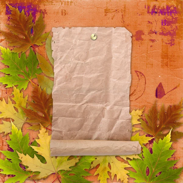 Fondo de otoño con follaje y diseño de papeles grunge en chatarra — Foto de Stock