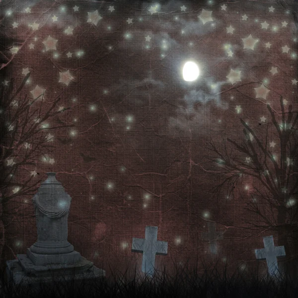 Ντυμένοι φαντάσματα Απόκριες νεκροταφείο με μαύρα σύννεφα και δυσοίωνη φεγγάρι — Φωτογραφία Αρχείου