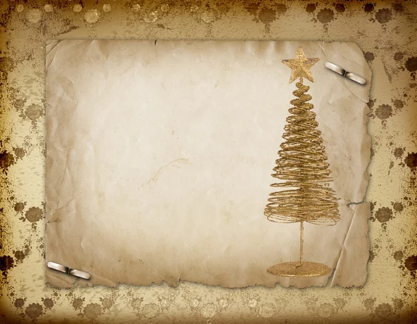 Altın metal firtree üzerine kağıt flo ile yılbaşı tebrik kartı — Stok fotoğraf