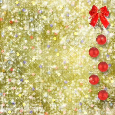 Noel topları ve soyut karlı backgro üzerinde çan ile kırmızı yay