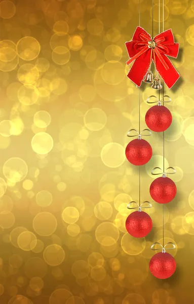 Noel topları ve soyut karlı backgro üzerinde çan ile kırmızı yay — Stockfoto