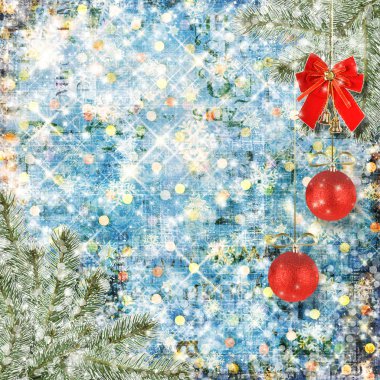 Noel topları ve kırmızı yay ile çan arka plan karlı köknar b