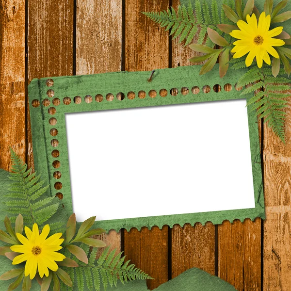 Grunge 帧和木制的背景上花群 — 图库照片