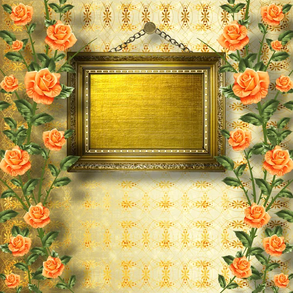 Old wooden frame for photo with garland of painting rose — Stock Photo, Image