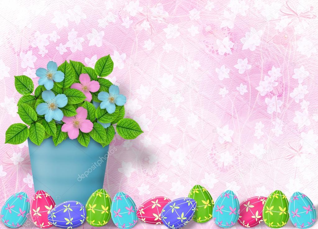 Pastel background with multicolored eggs and bunch of flowers t