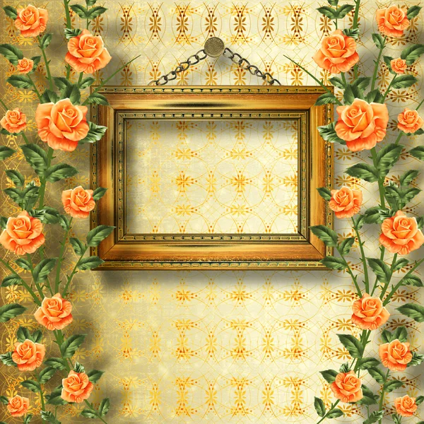 Starý dřevěný rám pro fotografie s věnec obraz růže — Stock fotografie