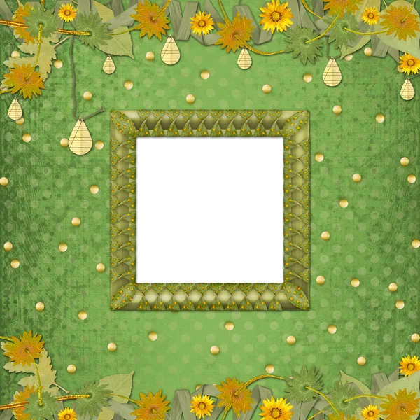 Wooden frame on the abstract background with bunch of flowers a — Stock Photo, Image