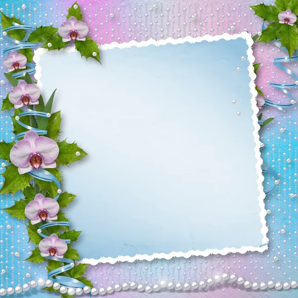 Greeting card with beautiful branch orchid and pearls for a wedd — Stock Photo, Image