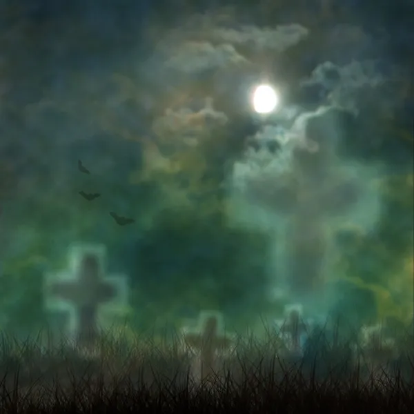 Strašidelný halloween hřbitov s temné mraky a zlověstné měsíc — Stock fotografie