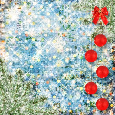 Noel topları ve kırmızı yay ile çan arka plan karlı köknar b