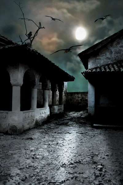 Scary dark courtyard in the ominous moonlight night in a cold Ha — Stock Photo, Image