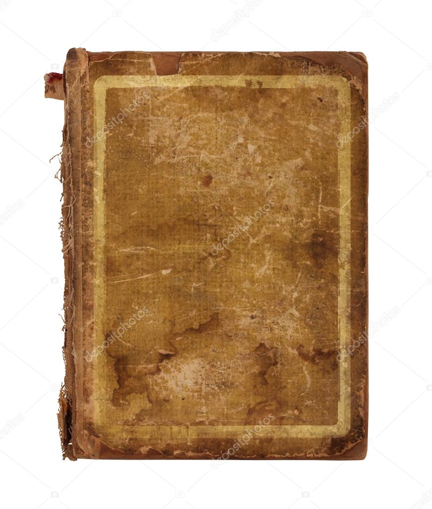 Old worn book cover isolated on white background
