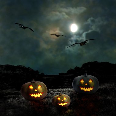 Halloween pumpkins b gece eski bir evin bahçesinde