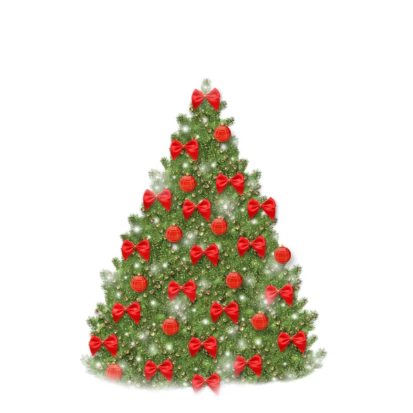 Christmas tree with red balls and beautiful bows isolated on whi — Stock Photo, Image