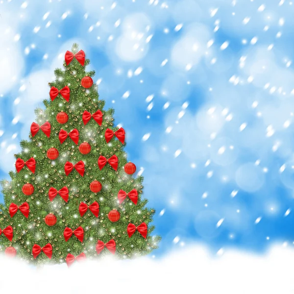 红球与美丽的圣诞树上抽象 sno 鞠一躬 — 图库照片