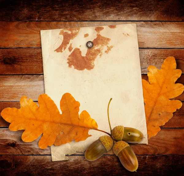 Vecchia carta grunge con foglie di quercia autunnale e ghiande sul legno — Foto Stock